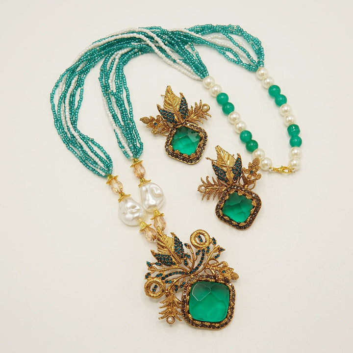 Antique Tone Big Stone Turkish Style Pendant Set - tlmjewels