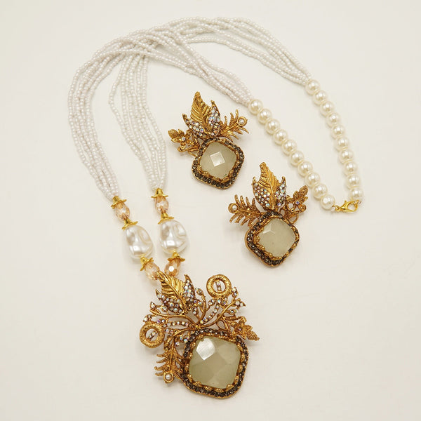 Antique Tone Big Stone Turkish Style Pendant Set - tlmjewels