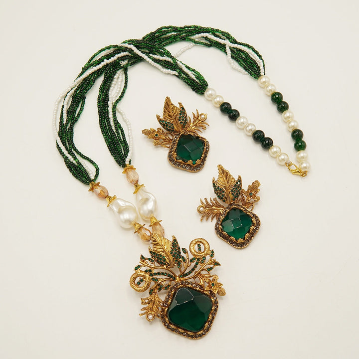 Antique Tone Big Stone Turkish Style Pendant Set - tlmjewels
