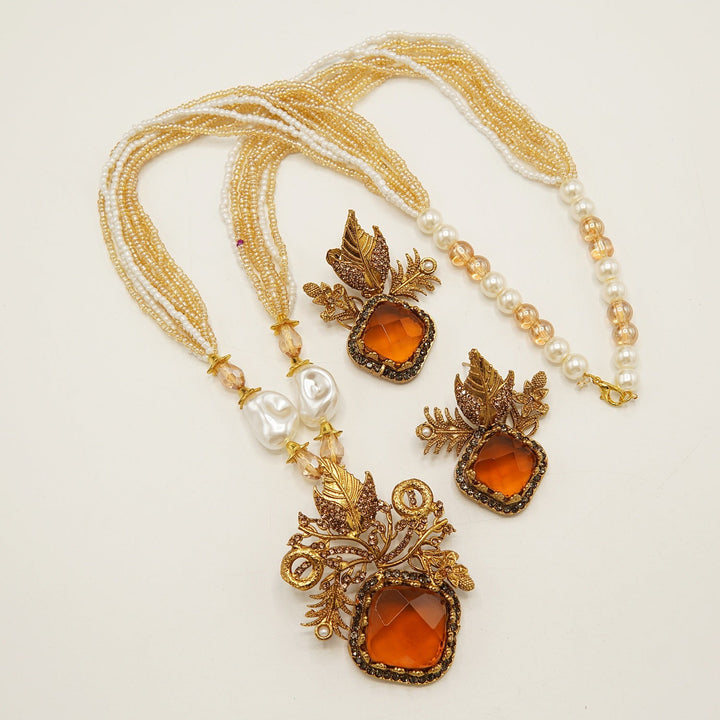 Antique Tone Big Stone Turkish Style Pendant Set - tlmjewels