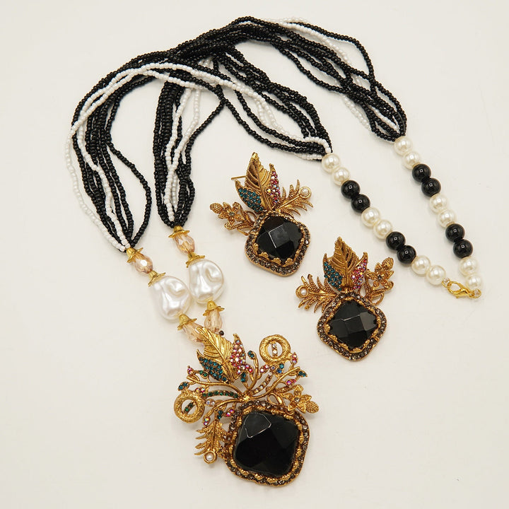 Antique Tone Big Stone Turkish Style Pendant Set - tlmjewels