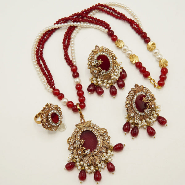 Antique Tone Maroon With Mala With Ring - tlmjewels
