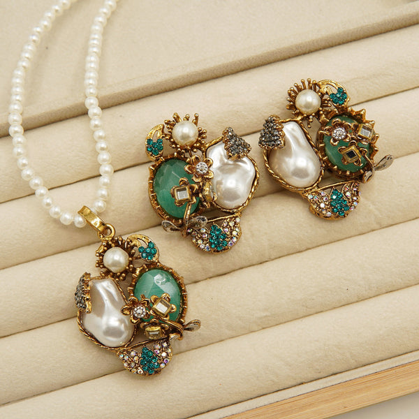 Antique Tone Mother Of Pearl Locket Set - tlmjewels