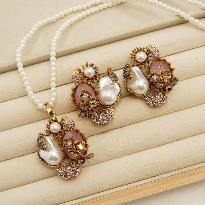 Antique Tone Mother Of Pearl Locket Set - tlmjewels