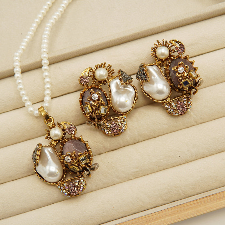 Antique Tone Mother Of Pearl Locket Set - tlmjewels