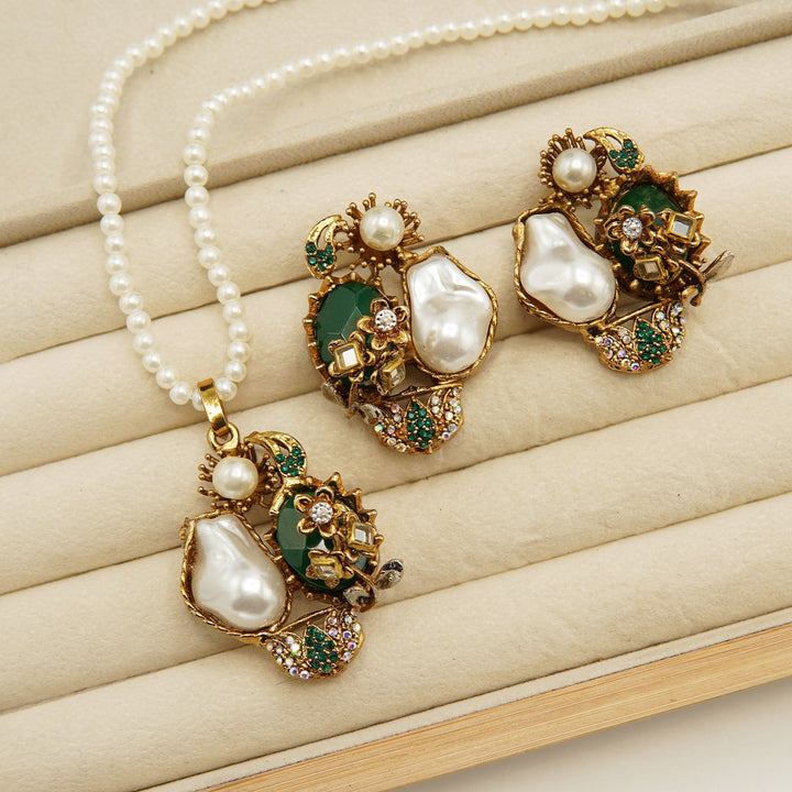 Antique Tone Mother Of Pearl Locket Set - tlmjewels