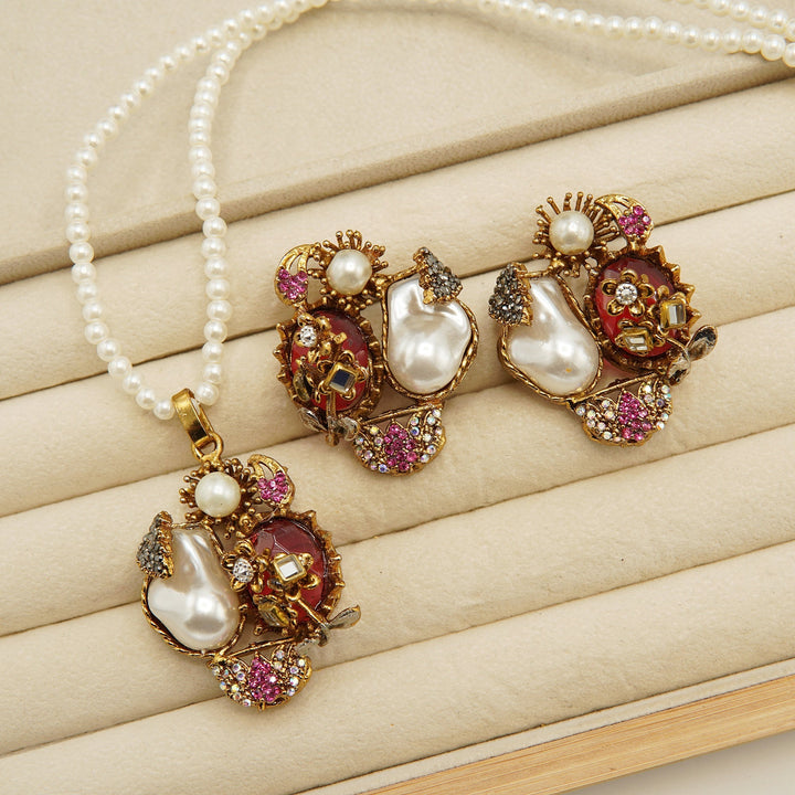 Antique Tone Mother Of Pearl Locket Set - tlmjewels