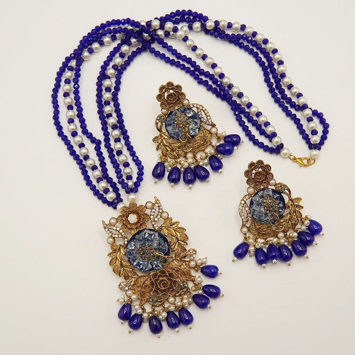 Crush Stones Big Pendant Long Mala Set - tlmjewels