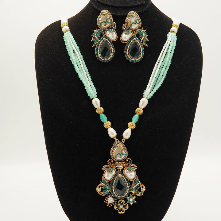 Doublets Stone Turkish Mother Of Pearl Pendant Mala Set - tlmjewels