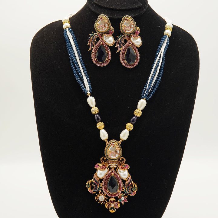 Doublets Stone Turkish Mother Of Pearl Pendant Mala Set - tlmjewels