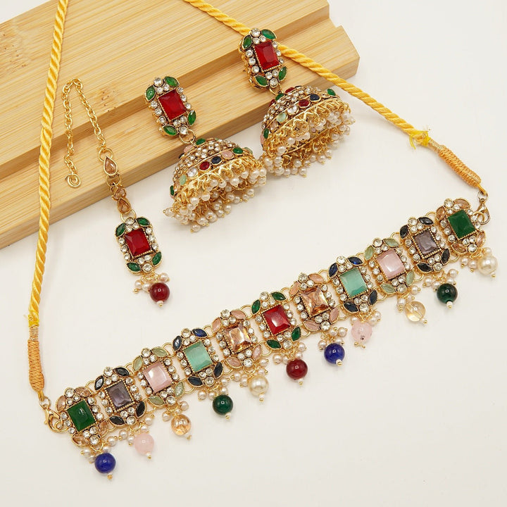 Gem Stone Flexible Choker Jhumka Set - tlmjewels