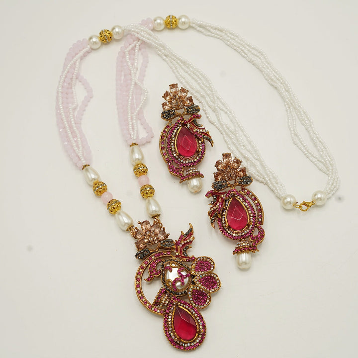 Gem Stone Mother Of Pearl Pendant With Long Earrings - tlmjewels