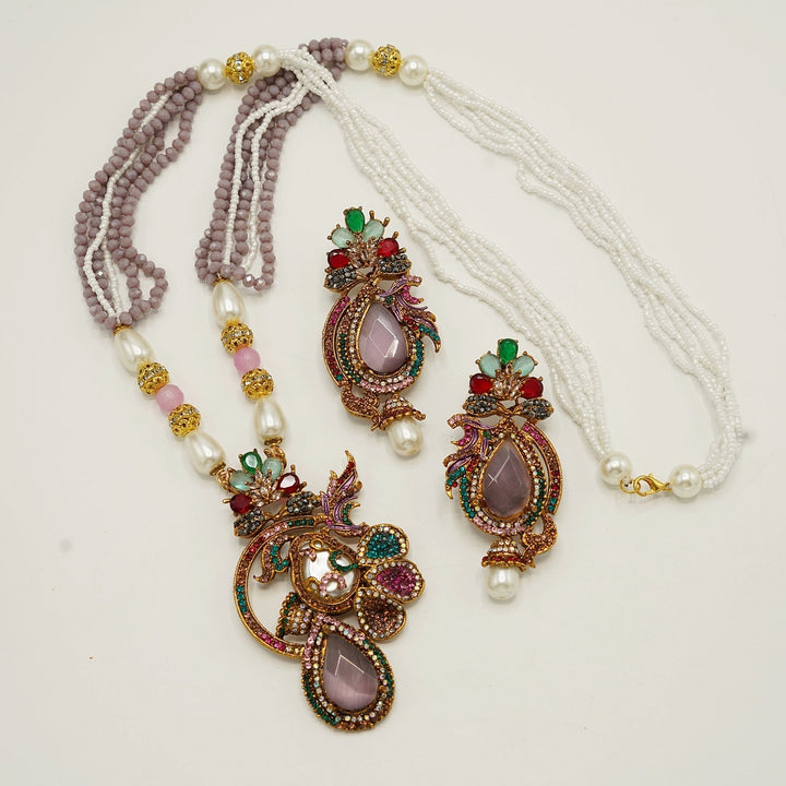 Gem Stone Mother Of Pearl Pendant With Long Earrings - tlmjewels