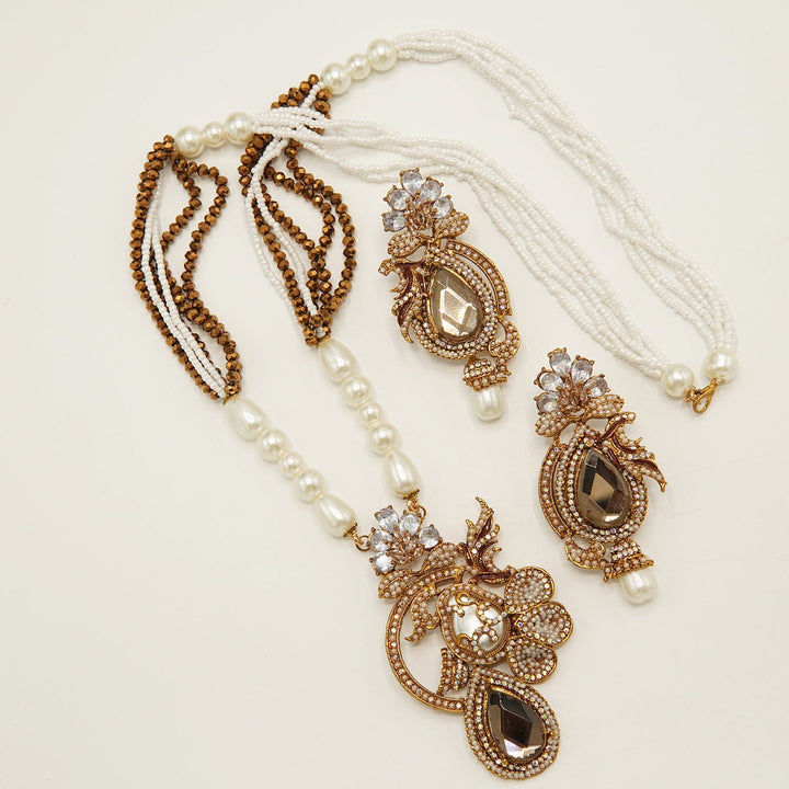 Gem Stone Mother Of Pearl Pendant With Long Earrings - tlmjewels
