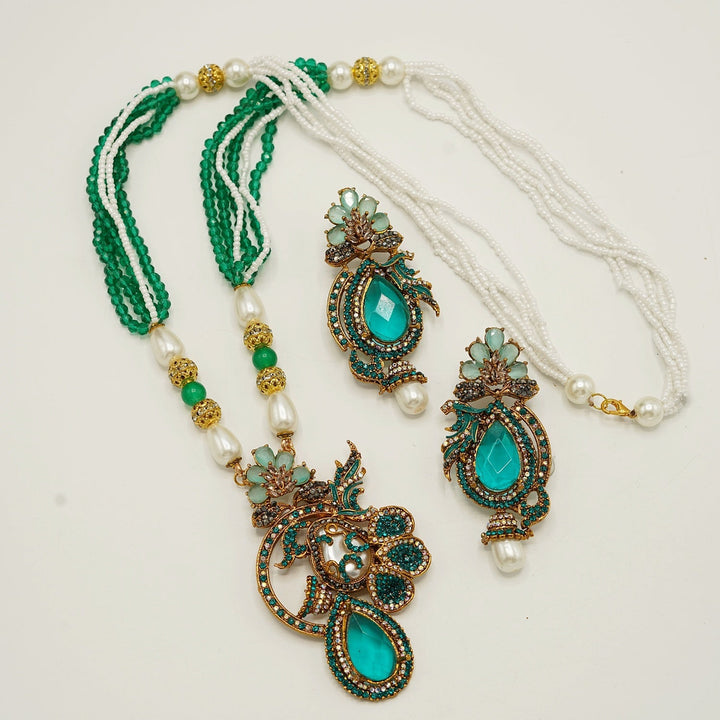 Gem Stone Mother Of Pearl Pendant With Long Earrings - tlmjewels