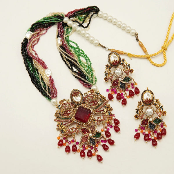 Gems Turkish Big Pendant Long Mala Sets - Necklace Set - tlmjewels Pakistan