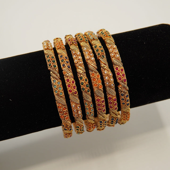 Matte Gold Zircones And Nauratans 6 Pieces Churi Set - tlmjewels