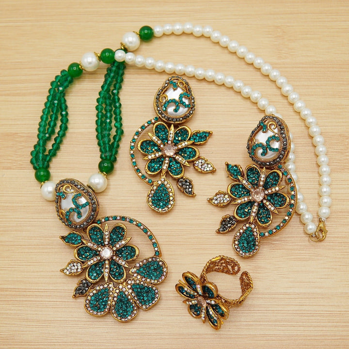 Mother Of Pearl Flower Mala Set With Ring - tlmjewels