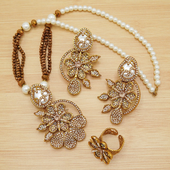 Mother Of Pearl Flower Mala Set With Ring - tlmjewels