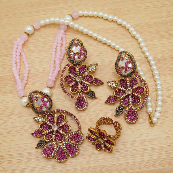 Mother Of Pearl Flower Mala Set With Ring - tlmjewels