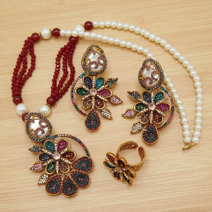 Mother Of Pearl Flower Mala Set With Ring - tlmjewels