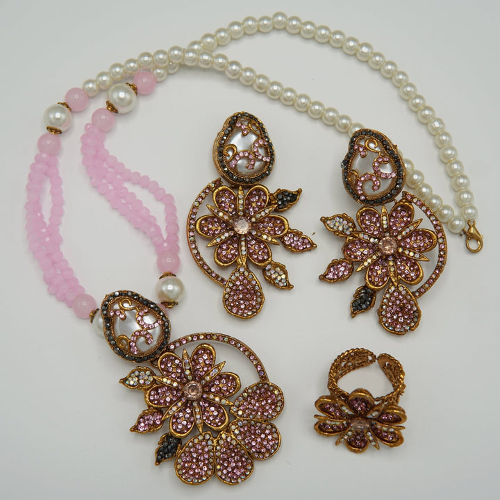 Mother Of Pearl Flower Mala Set With Ring - tlmjewels