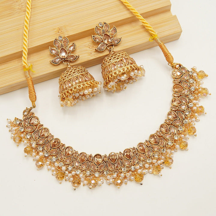 Reversed A.D Style Polki Jhumka Necklace Set - tlmjewels