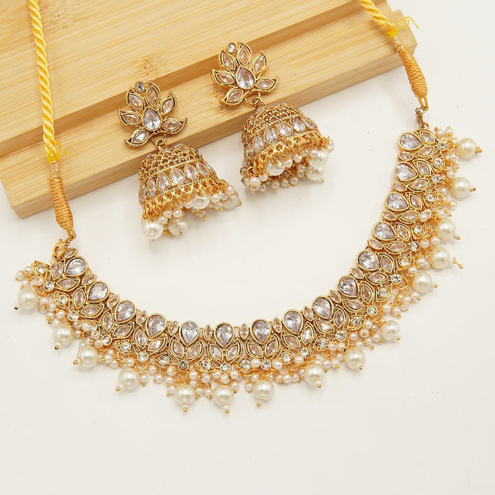 Reversed A.D Style Polki Jhumka Necklace Set - tlmjewels