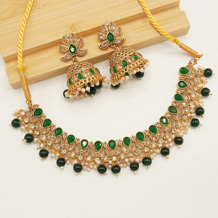 Reversed A.D Style Polki Jhumka Necklace Set - tlmjewels