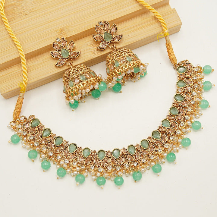 Reversed A.D Style Polki Jhumka Necklace Set - tlmjewels