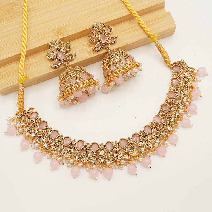 Reversed A.D Style Polki Jhumka Necklace Set - tlmjewels