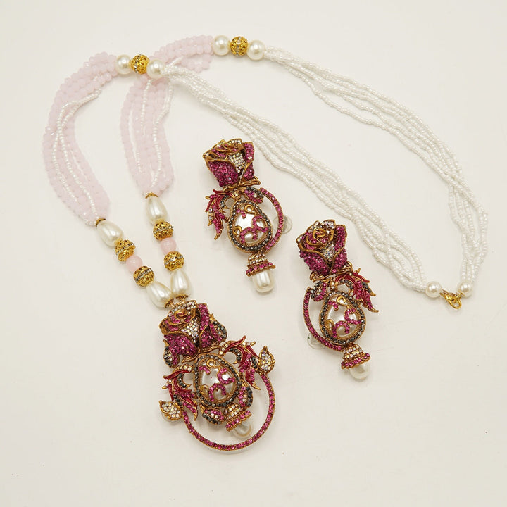 Turkish MOP Rose Pendent Mala Set - tlmjewels