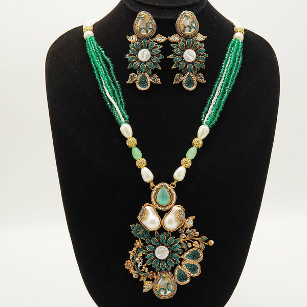 Zinc Big Pendant Turkish Mother Of Pearl Long Mala Set - tlmjewels
